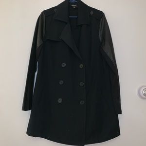 Black Peacoat Jacket with Pleather Sleeves